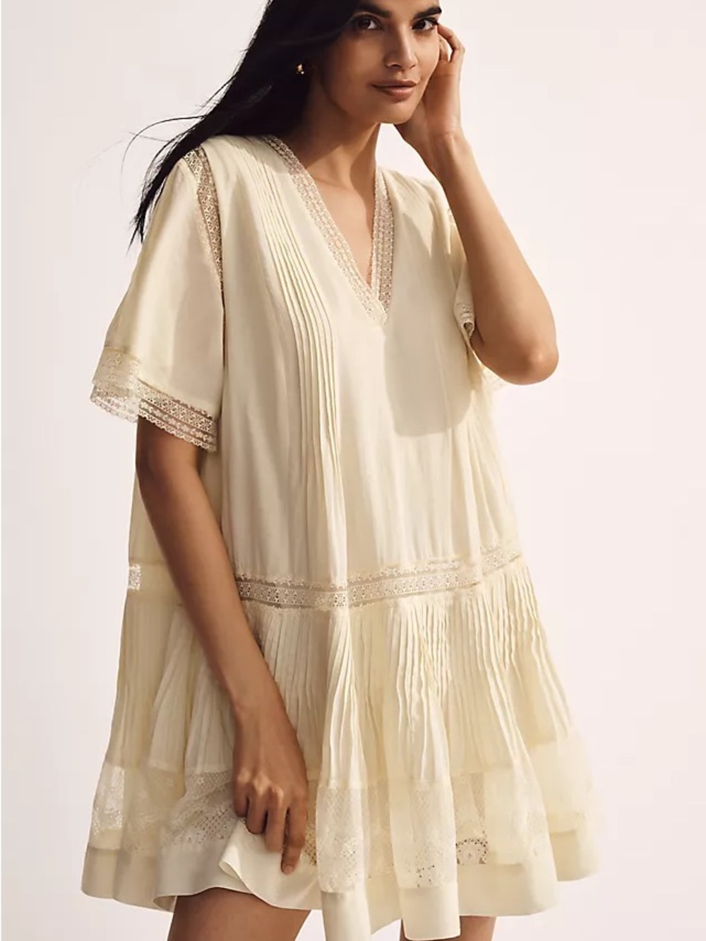 Maeve Short Sleeve V-Neck Pintuck Swing Tunic Dress